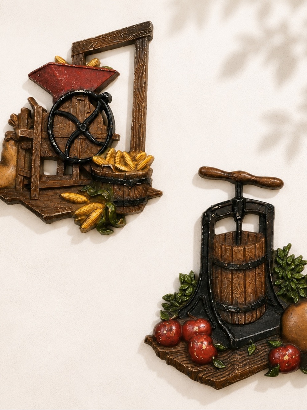 Vintage Homeco apple cider press and corn mill wall decor set